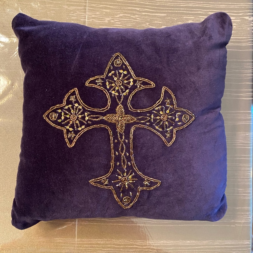 Velvet accent pillow, purple with embroidered cross. Removable pillow case.